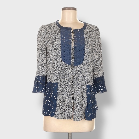 Anthropologie Maeve Blouse Womens Size 6 Navy Blue Pattern Hiver Peasant Top NWT - Picture 2 of 15
